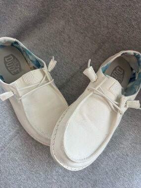 Women’s Hey Dude White Canvas Slip-On Shoes with Blue Patterned Lining